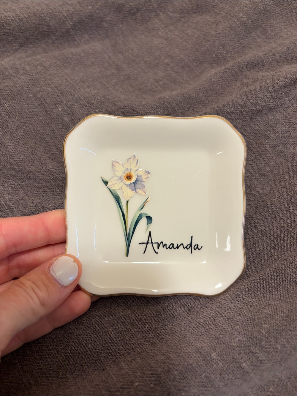 Personalized Amanda Trinket Dish with Daffodil and Gold Trim